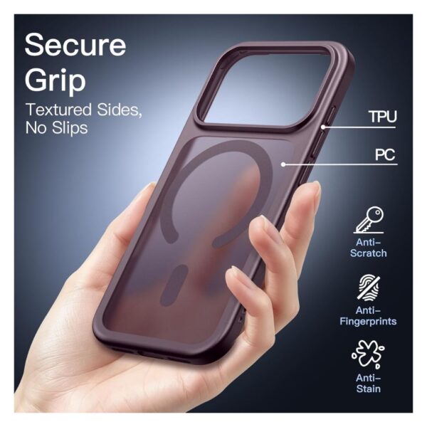 JETech Magnetic Matte Case for iPhone 18 Pro – MagSafe Compatible, Translucent Back, Anti-Slip Protection, Dark Cherry